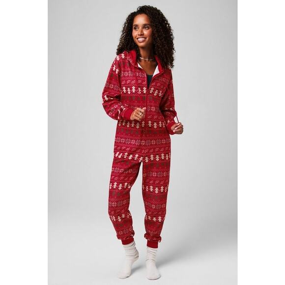 Fabletics Winter Red Fair Isle Cozy Fleece Hooded Onesie Pajamas Medium - Picture 1 of 8